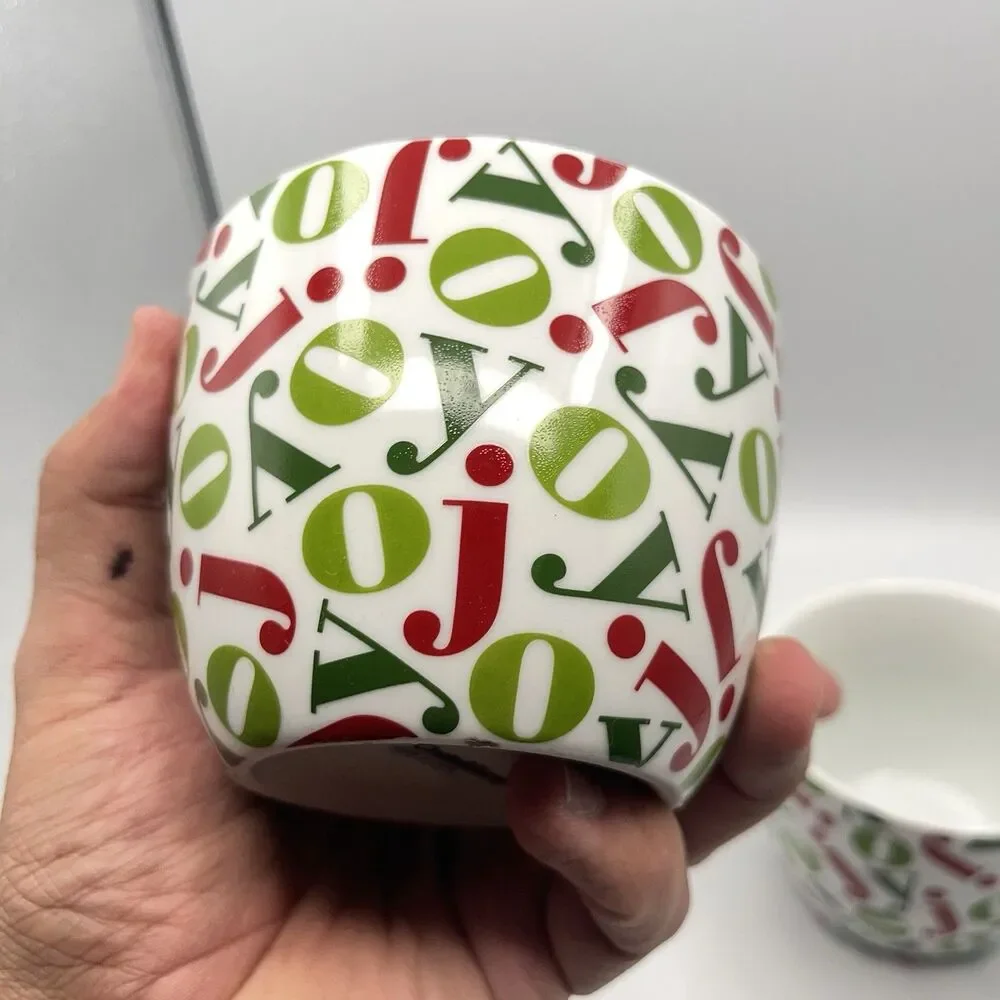 Pair Vintage Crate & Barrel 16oz JOY Mugs Holiday Christmas Red/Green Porcelain